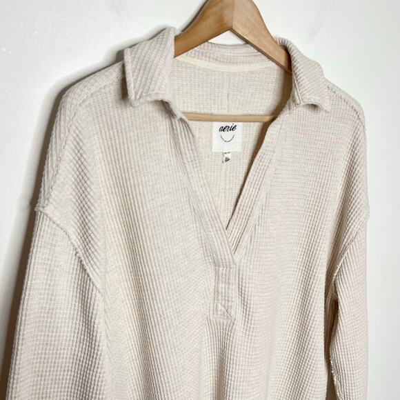 Aerie Womens Waffle Knit Pullover Sweater XS Beige Neutral Loungewear Cozy - Picture 4 of 10